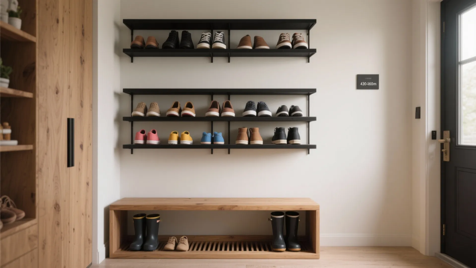Entry Bench + Overhead Grid: Two-Tier Shoe Wall