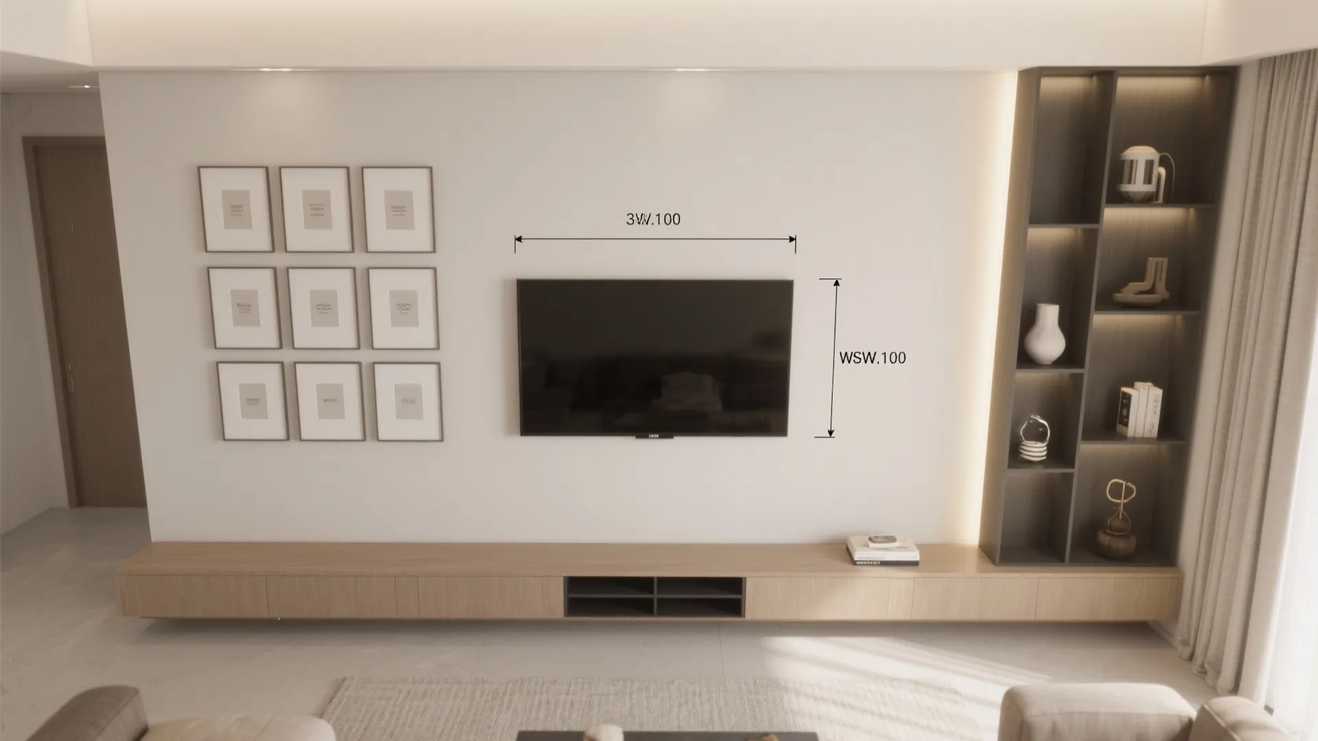 Minimalist living room wall featuring a television with size measurements and a grid of pictures