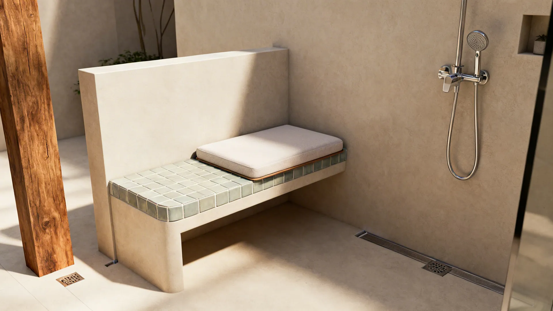 Shower half wall extended as a bench with a removable cushion and tiled top in a warm, waterproof setup.