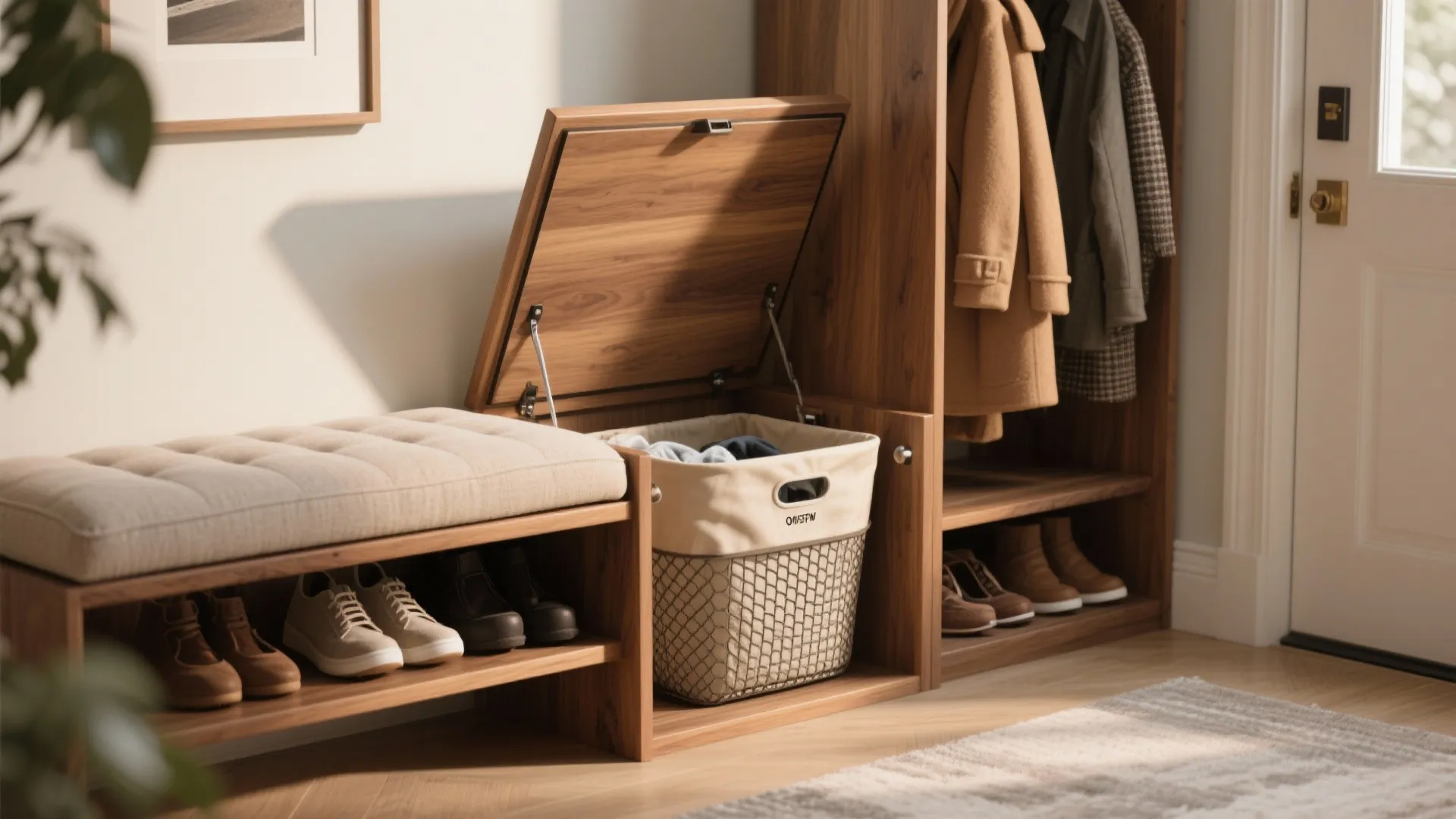 Wooden entryway bench with open storage lid showing a laundry basket and several shoe racks