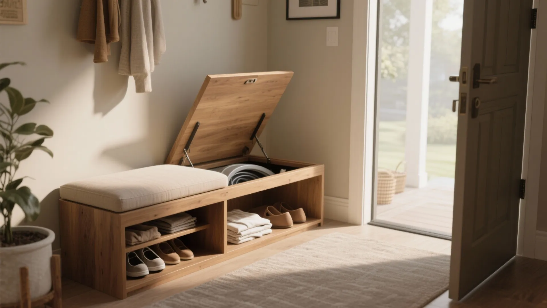 Wooden entryway bench with cushioned seat featuring storage for shoes and a lift top compartment