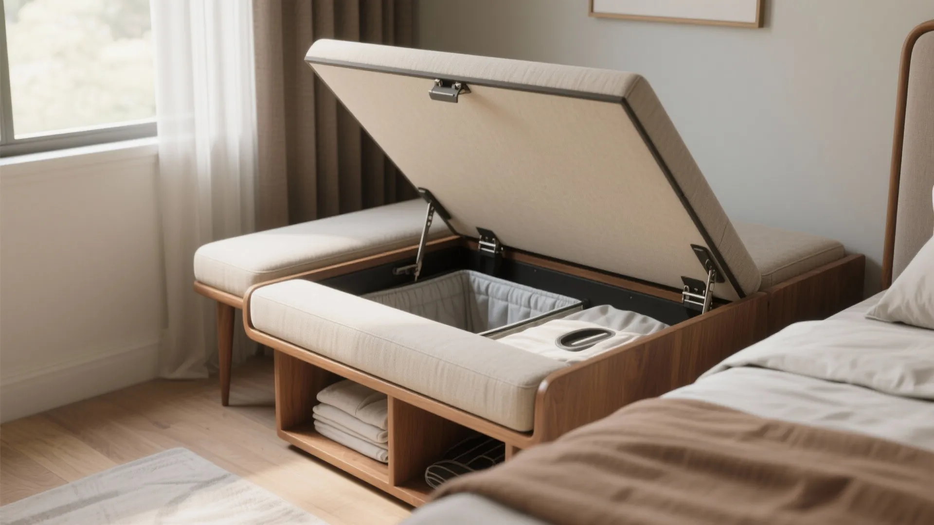 Wooden bedroom bench with an open lid revealing a hidden laundry basket and storage space