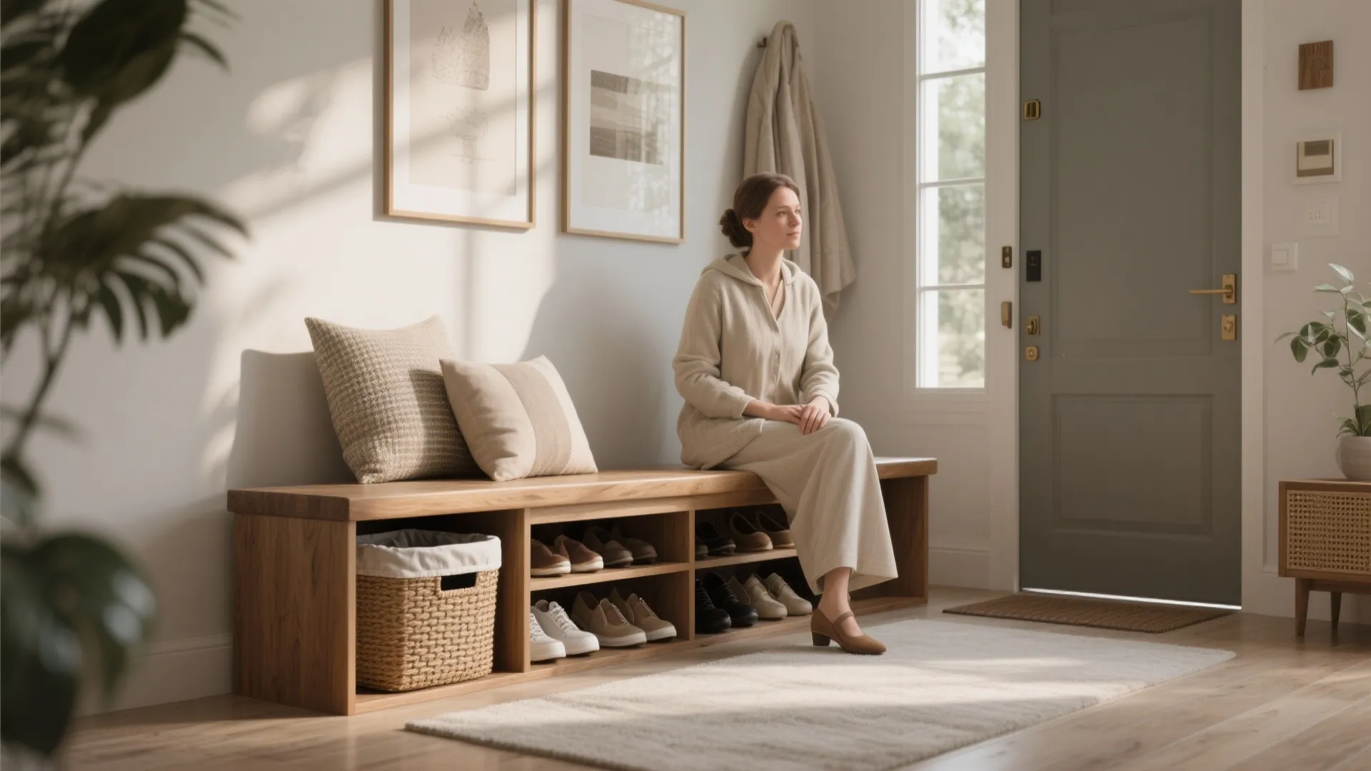 4. Dual-purpose bench with built-in laundry basket — style meets function