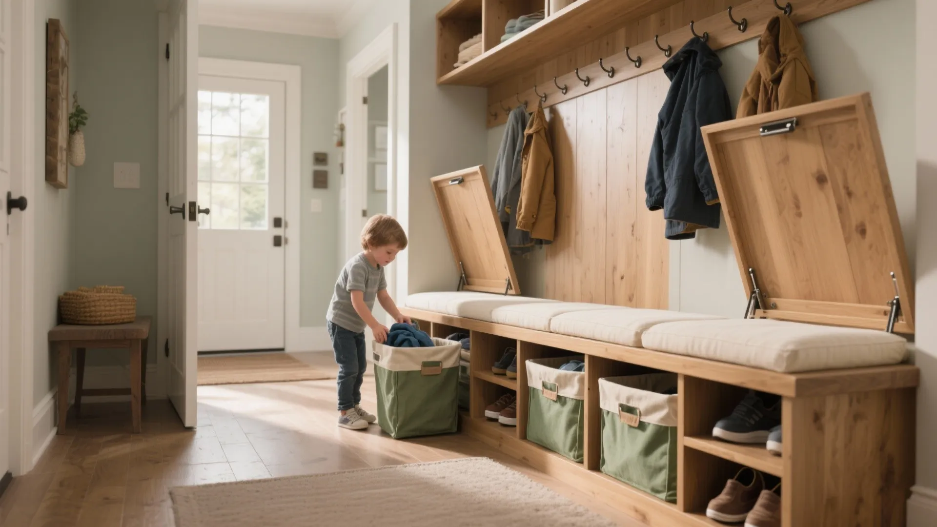 3. Bench with Built-In Hampers