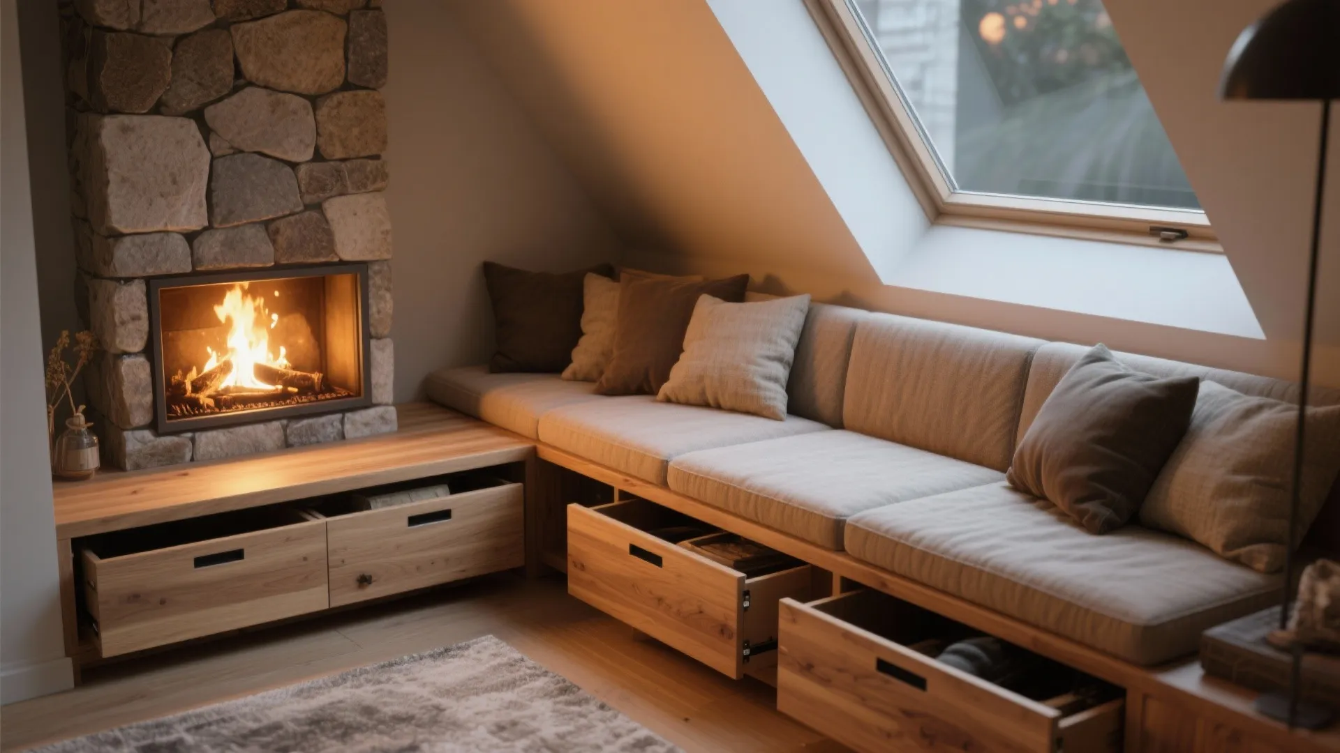 Cozy attic seating area with a sofa including storage drawers next to a stone fireplace