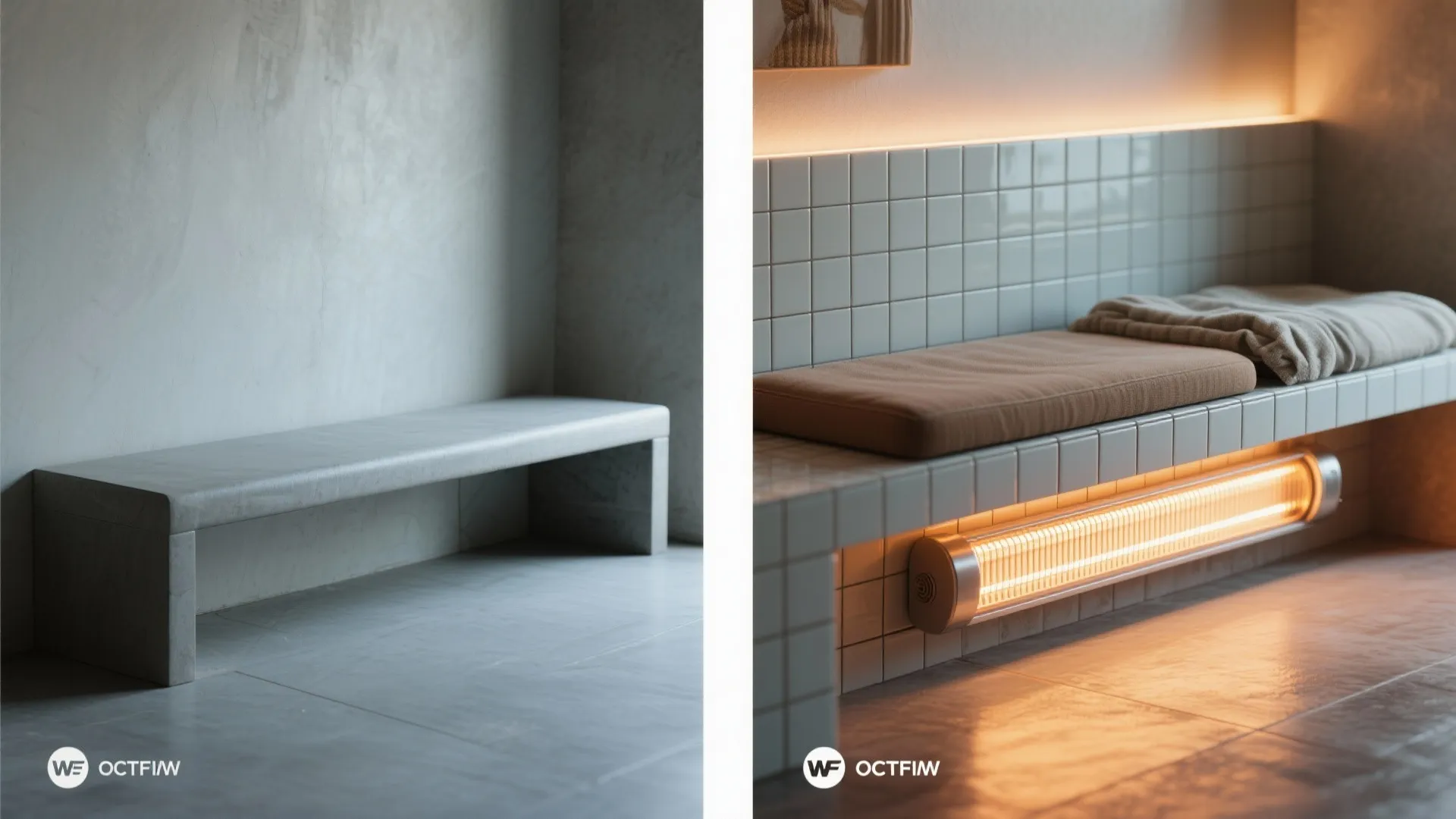 Before and after comparison of a simple stone bench and a tiled bench with heater