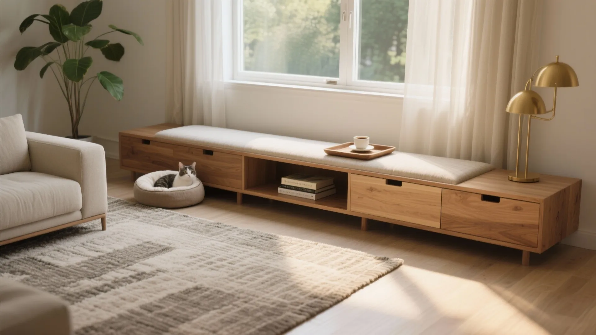 Modern wooden window bench with cushions next to a gold desk lamp and cat bed