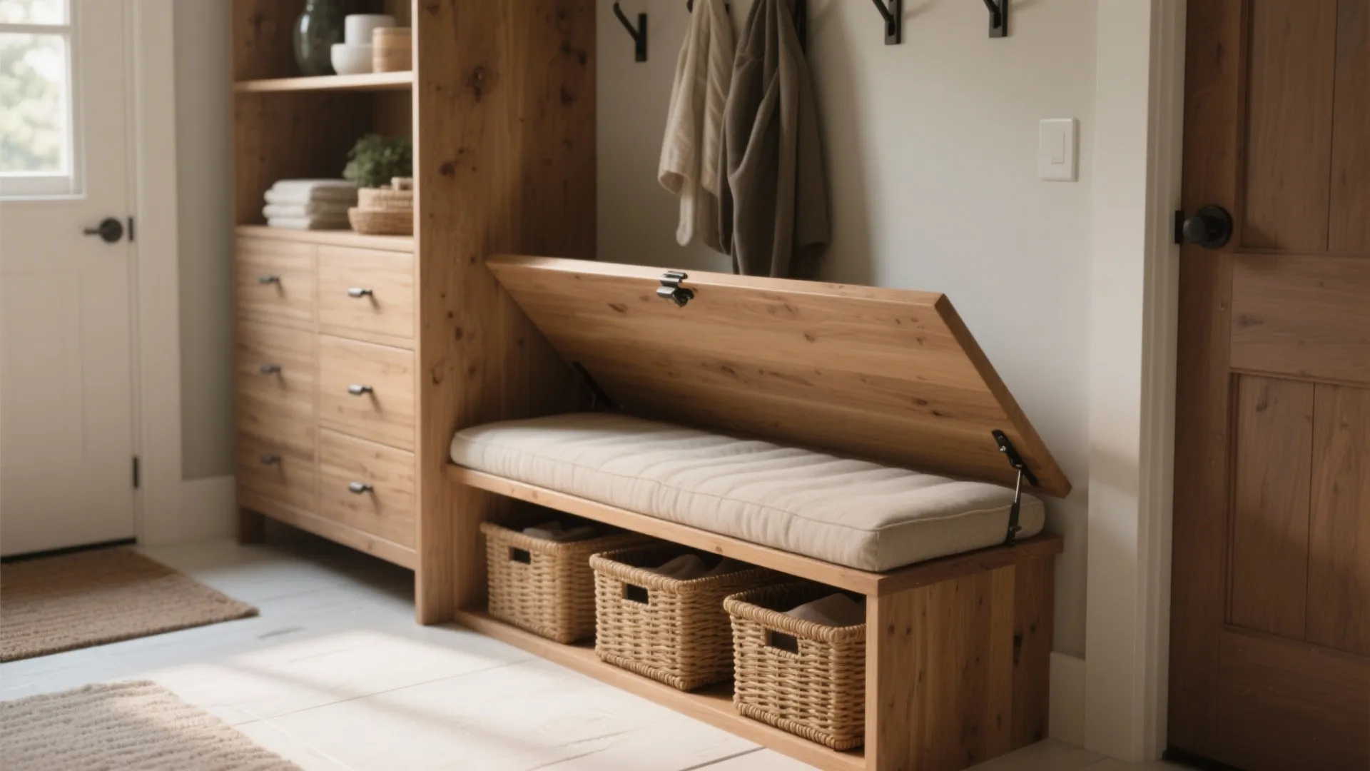 Wooden entryway bench with hidden storage space open seat cushion and woven baskets underneath area