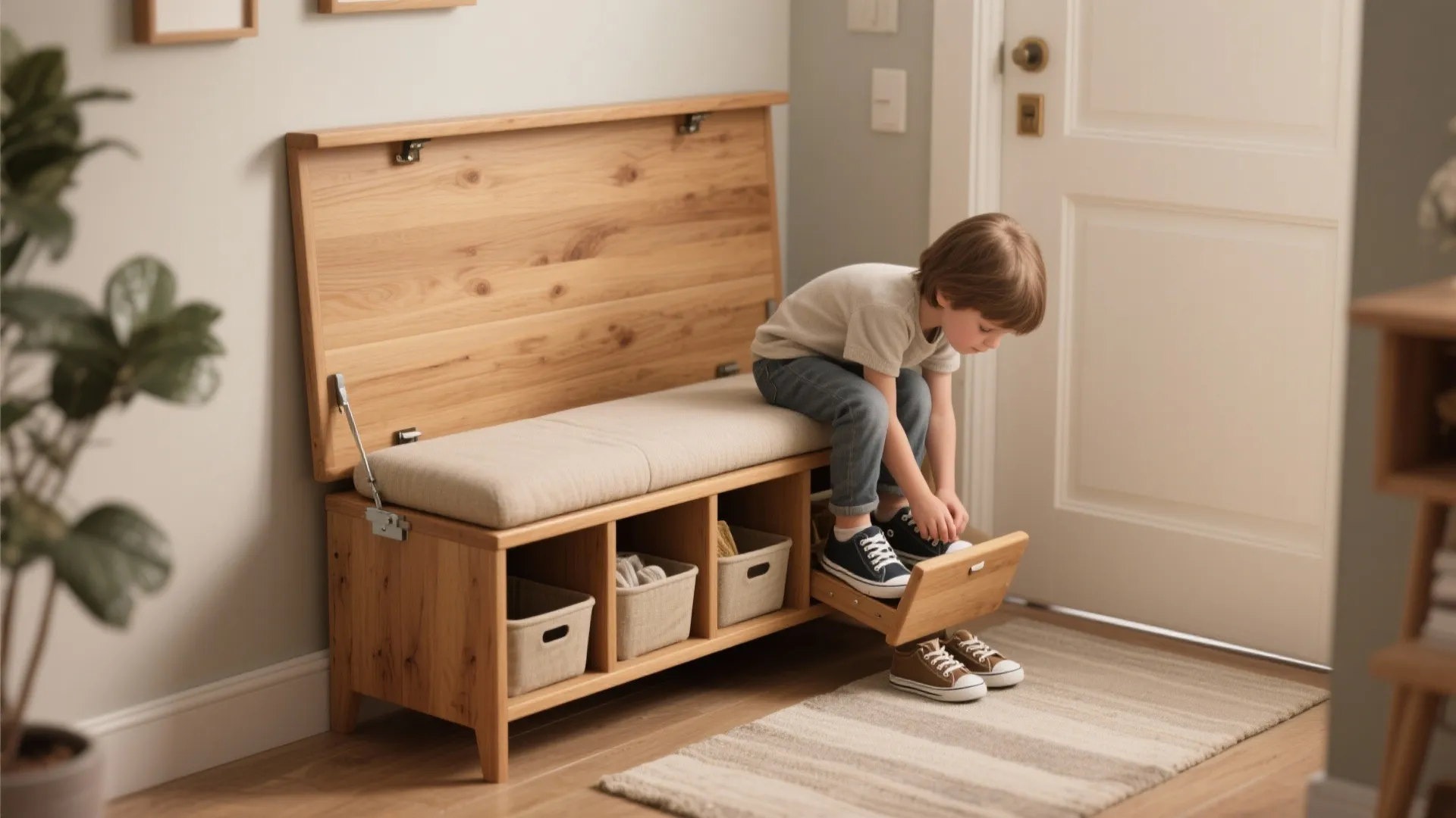 Wooden entryway bench with cushioned seat and storage cubbies used by a child for shoes