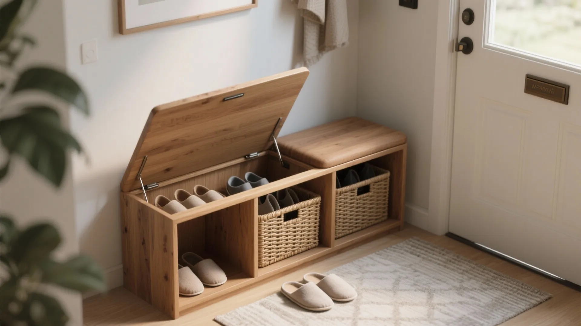 Shallow wooden bench with flip-top hidden storage and baskets keeping shoes tucked away in a narrow entry.