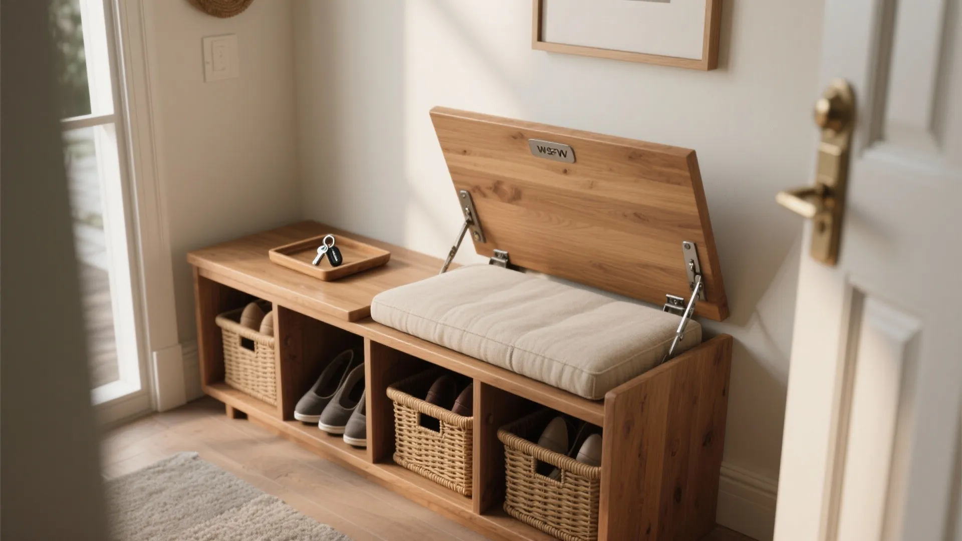 Wooden entryway bench with shoe storage baskets and a lifted seat showing a hidden compartment