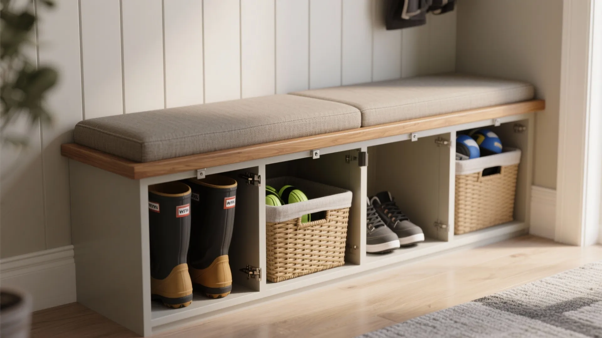 Entryway storage bench with cushions holding boots shoes and woven baskets against white wall panel