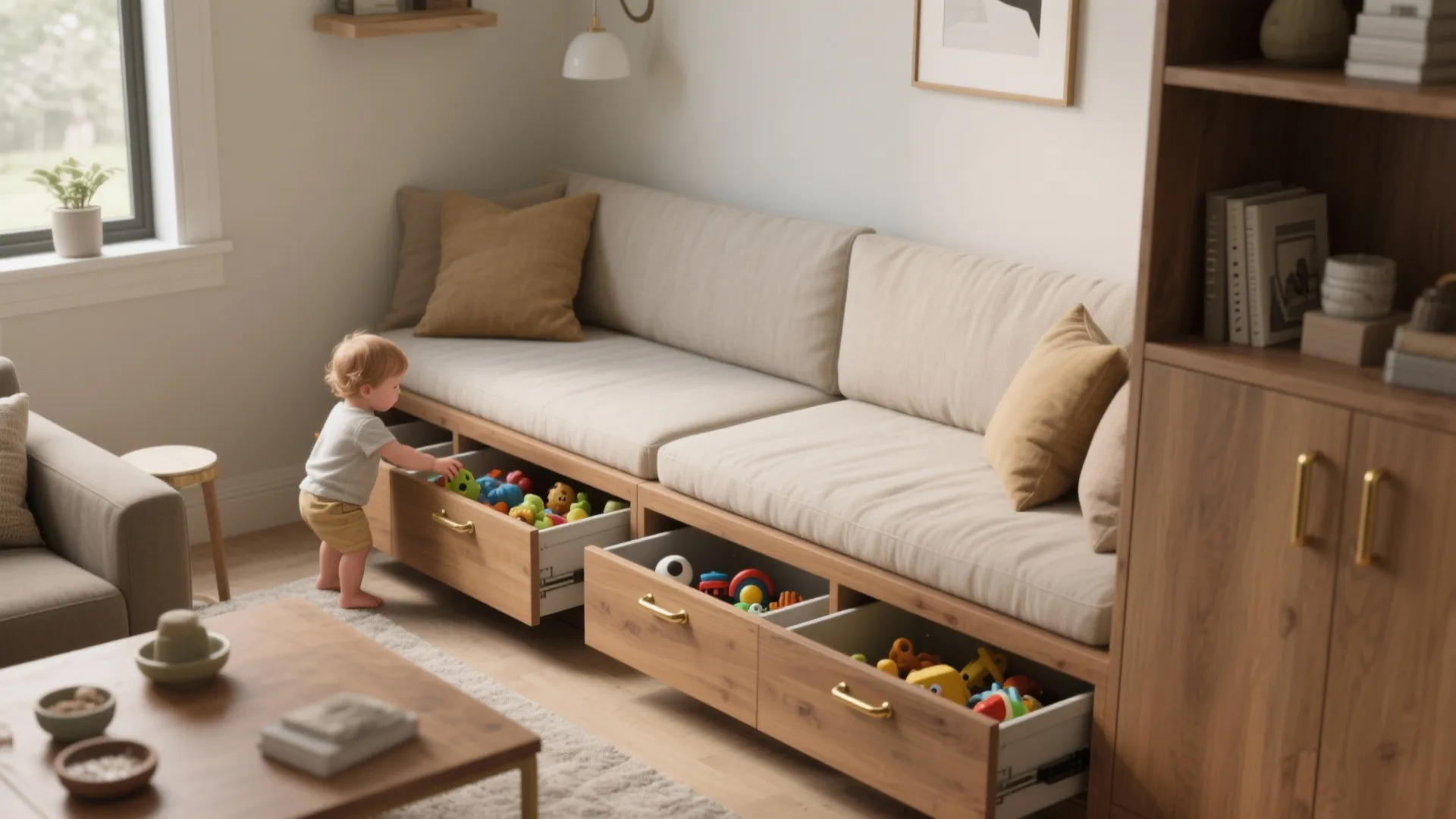Toddler playing with toys inside wooden storage drawers underneath a long beige sofa with pillows