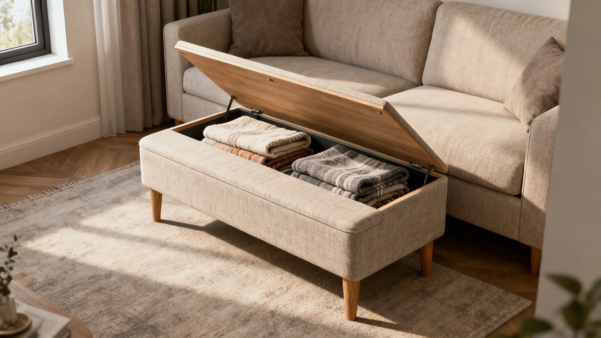 Narrow storage bench with lift-up seat revealing neatly folded blankets inside in a small living room.