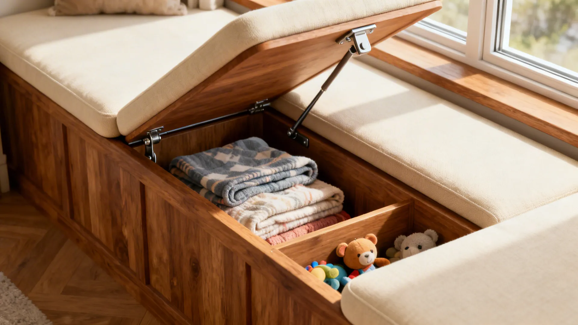 Window bench with soft-close hidden storage compartments holding toys and blankets.