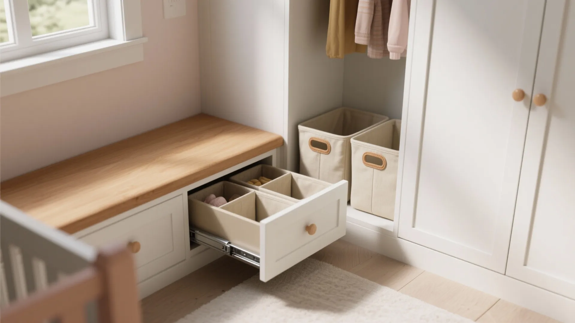 White storage bench with wood top featuring open drawer dividers and fabric bins for home storage