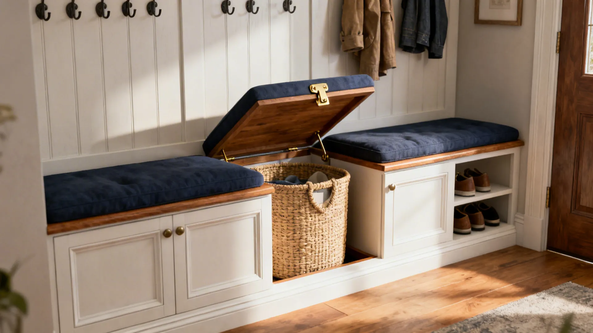 Entryway bench with lift-up seat revealing a hidden laundry hamper inside the storage compartment.