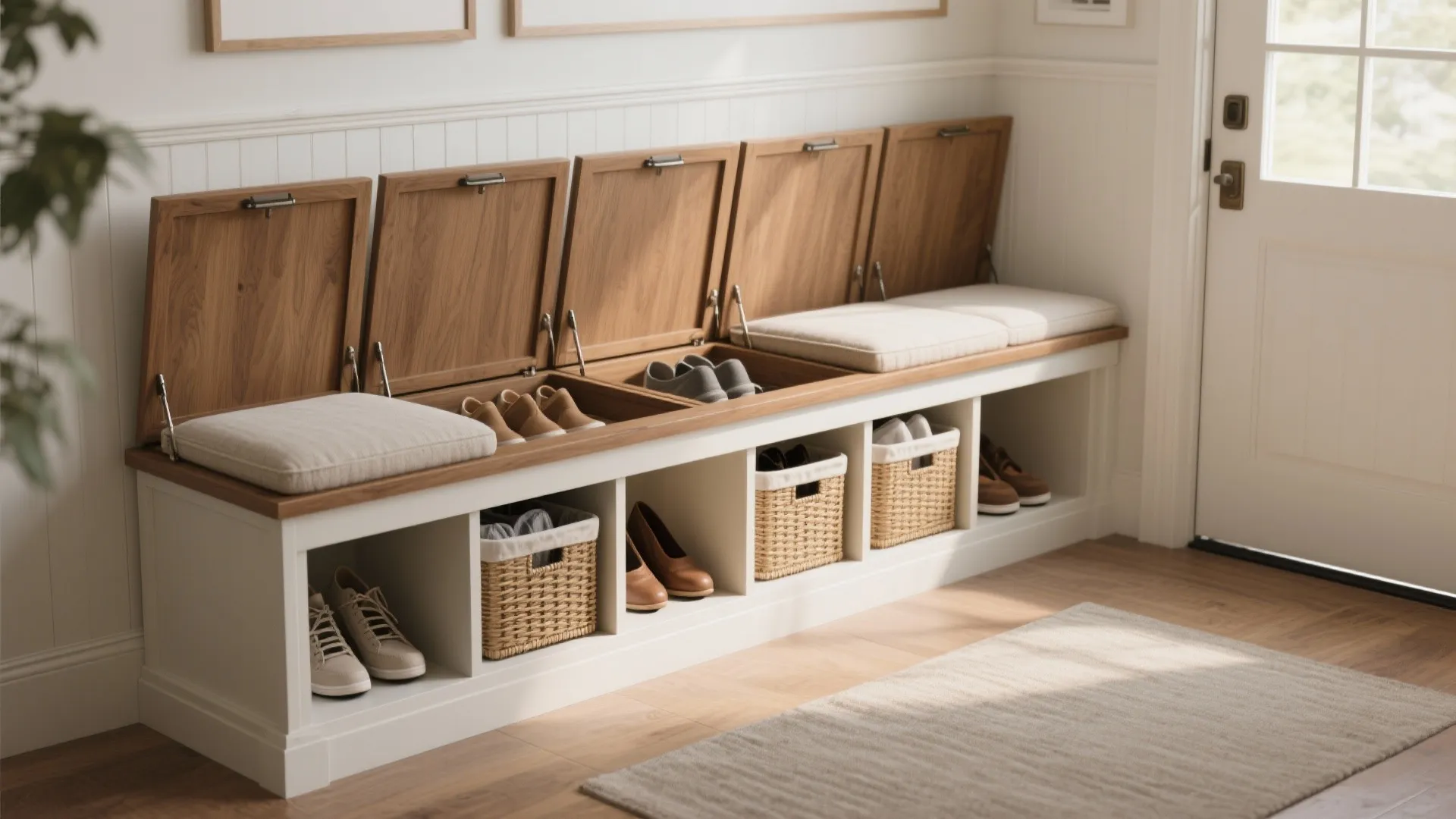 4. Bench with hidden hampers and shoe storage