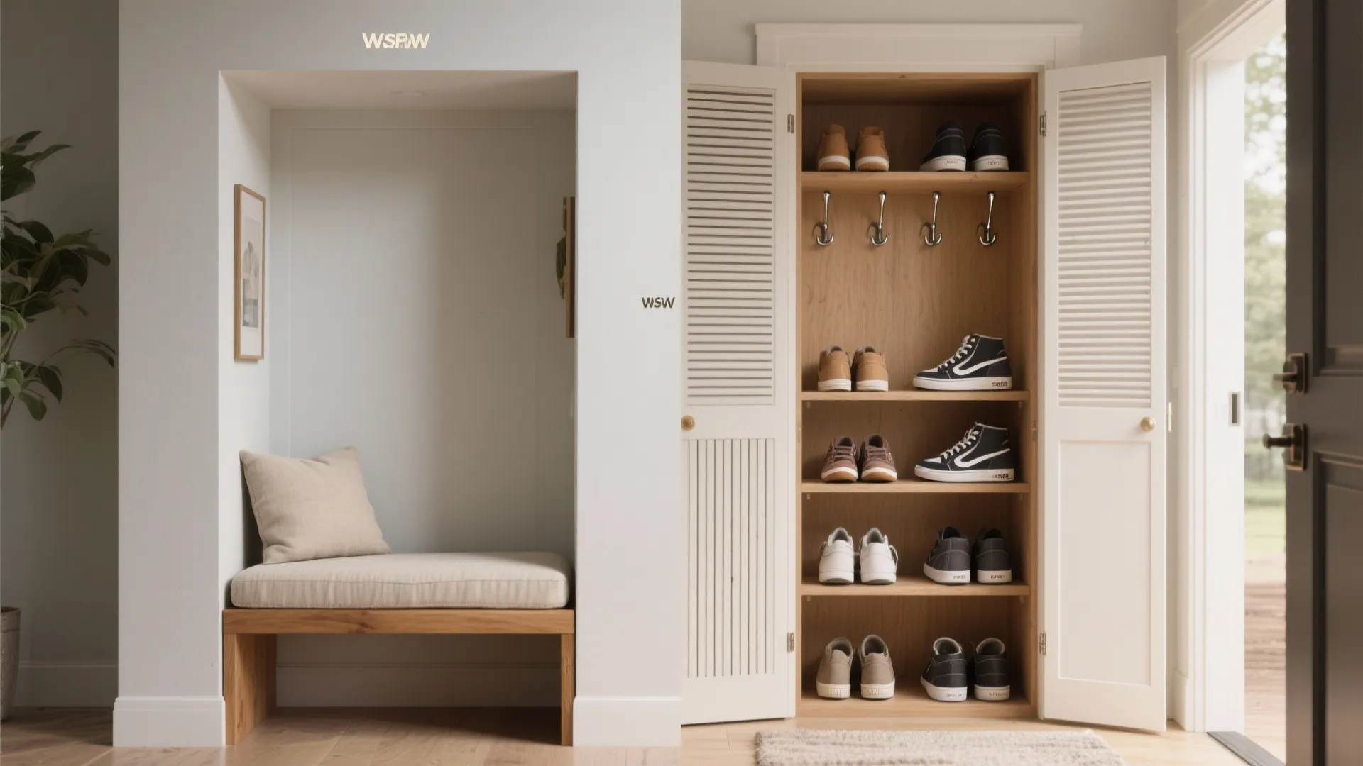 Before-and-after bench showing closed seat and opened storage with hidden hooks and sneakers neatly stored.