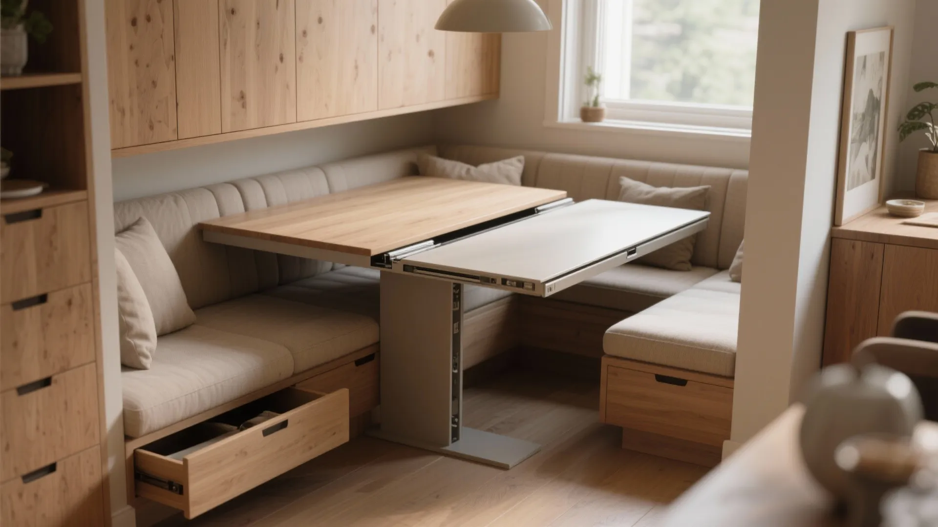 Dining bench tucked under a hidden-leaf table, bench with storage and cushions, extendable leaf partially open.