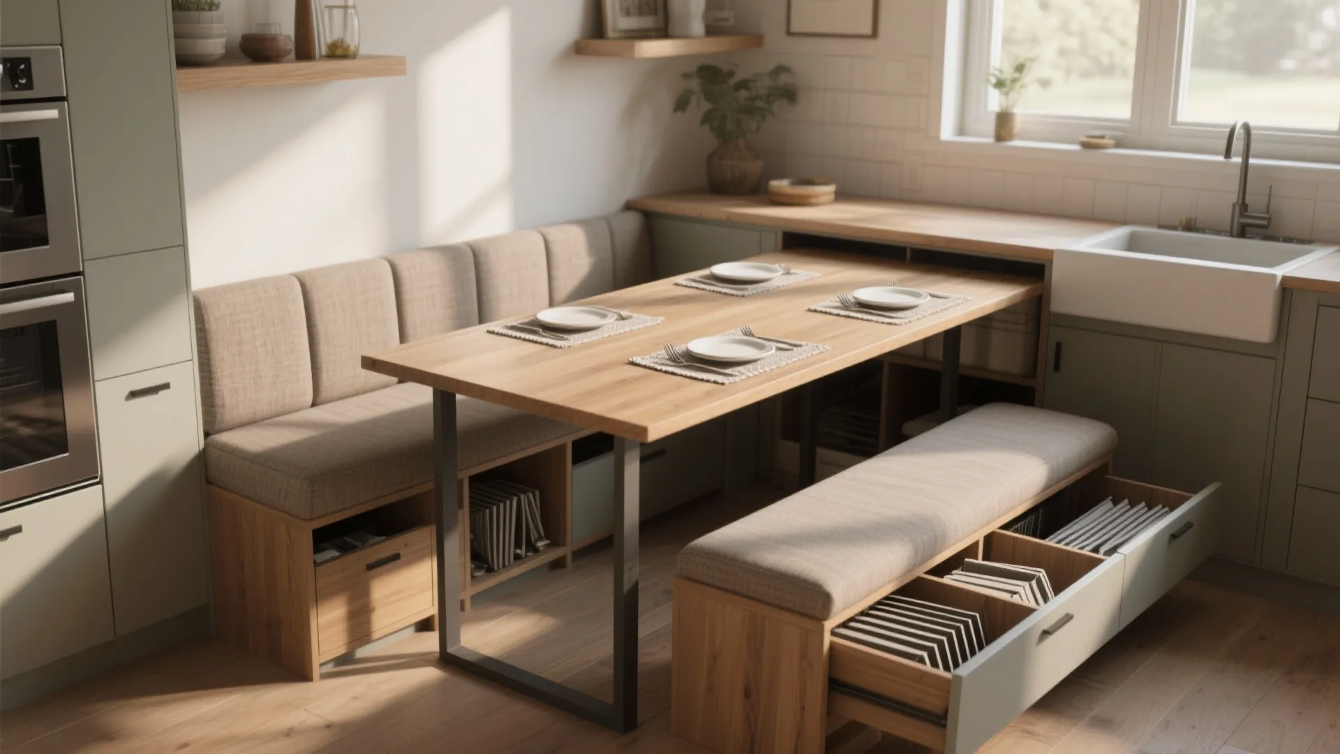 3. Bench Seating with Hidden Leaves