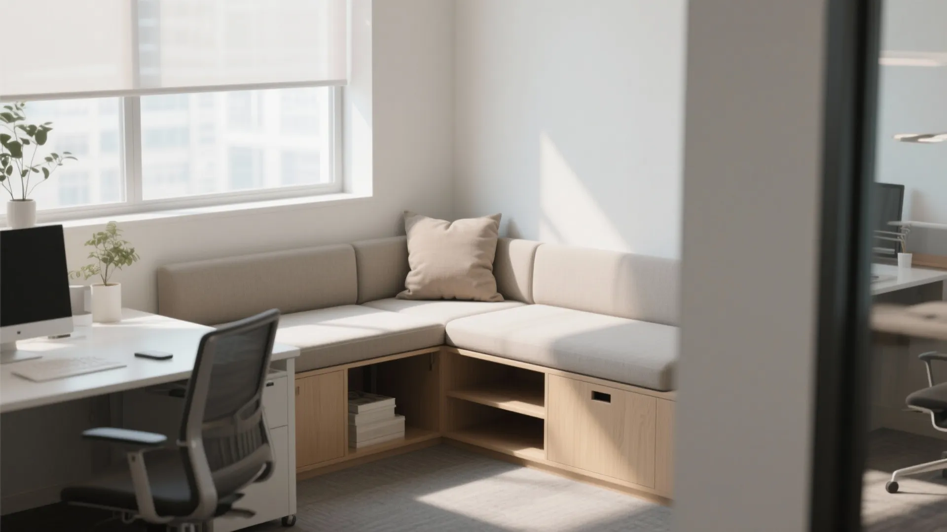 Modern office corner with white desk grey chair and wooden bench featuring built in storage