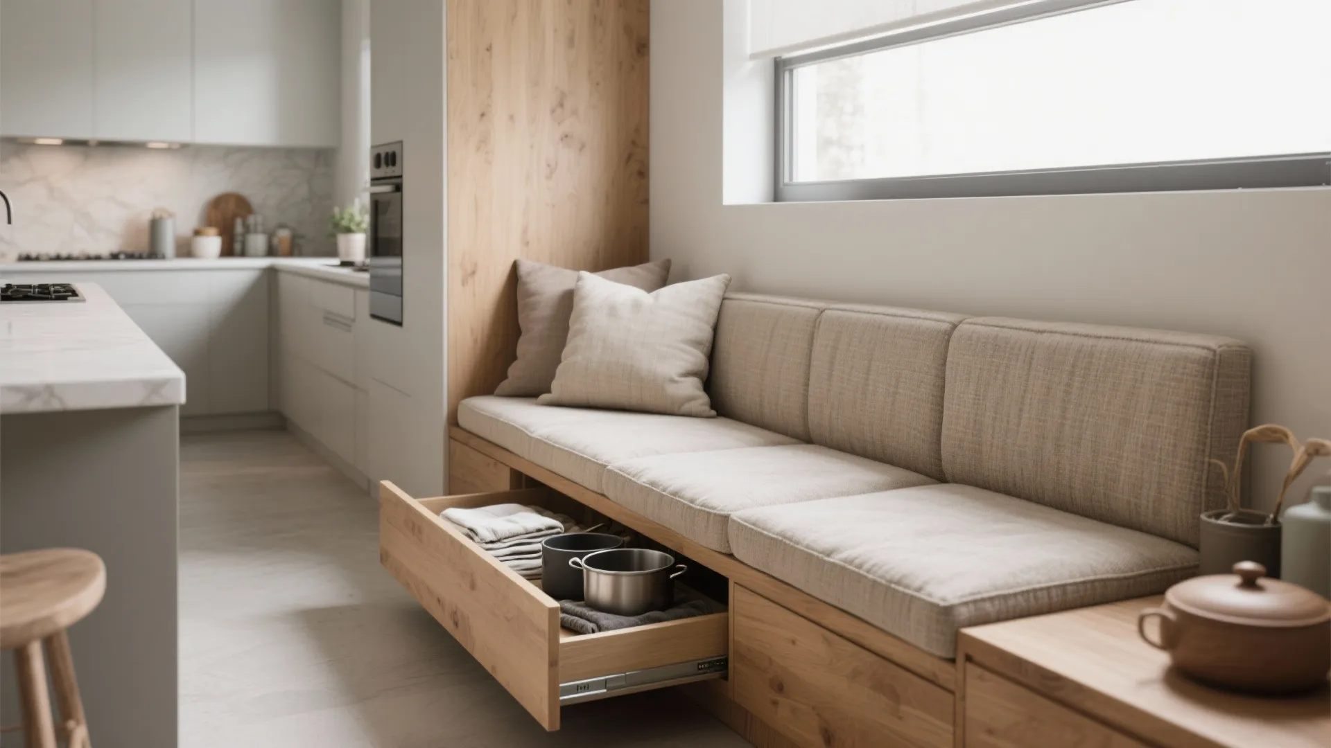Built-in bench seating with a removable cushion and hidden storage drawer open to show linens and pots.