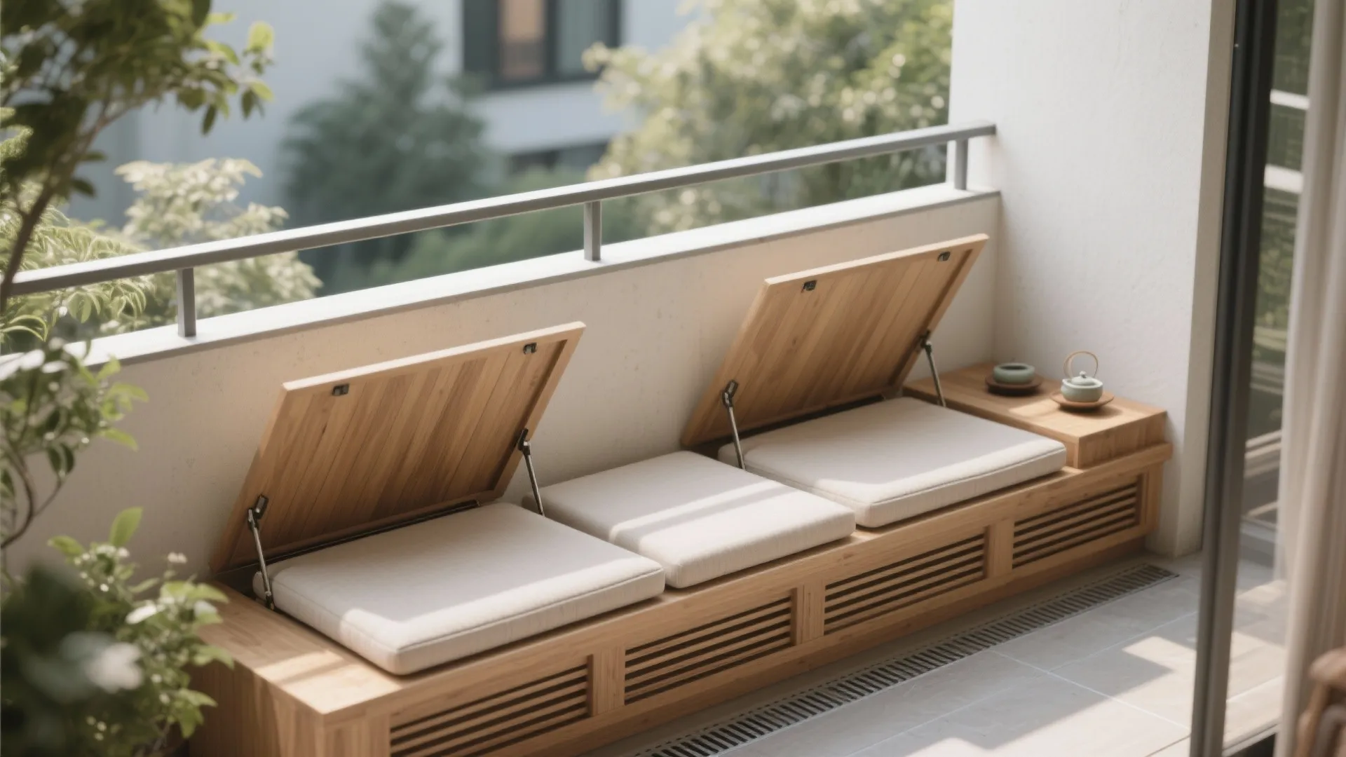 Shallow built-in bench with gas struts and slim cushions on a narrow balcony.