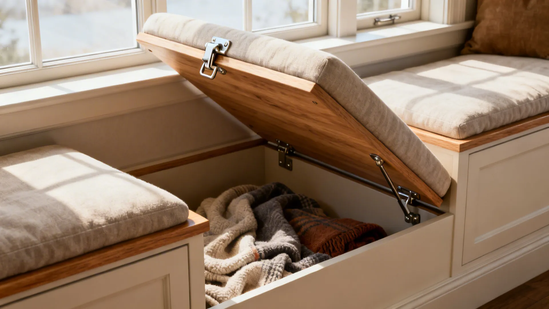 Built-in window bench with lift-up storage showing robust hinges and folded blankets.