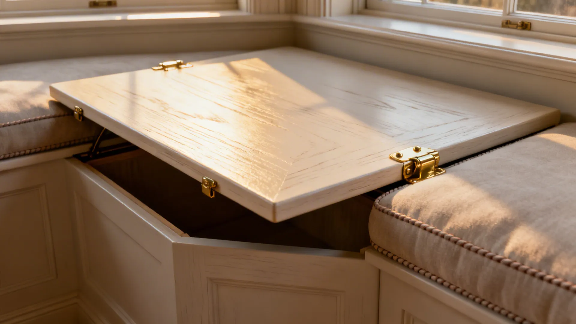 White wooden storage bench with an open lid showing gold hinges and a hidden compartment
