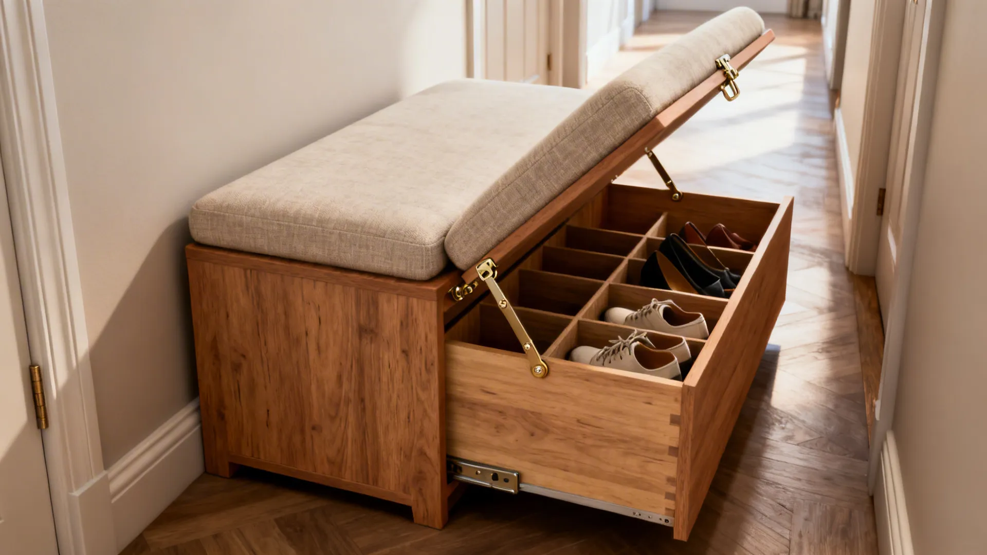 Upholstered storage bench with lift-top compartments showing organized shoes inside.