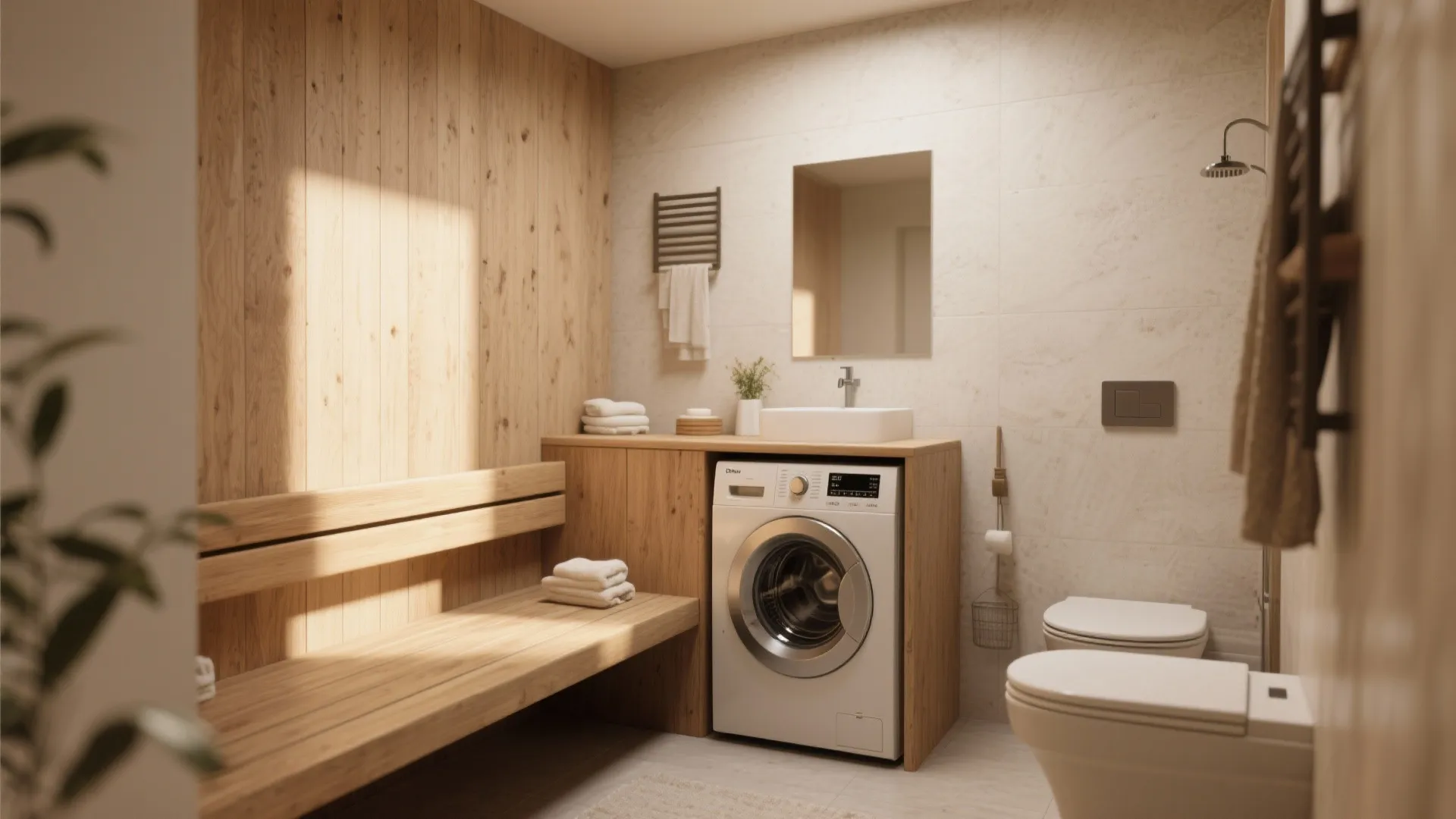 Bright bathroom featuring a washing machine built into wooden cabinets next to a matching bench