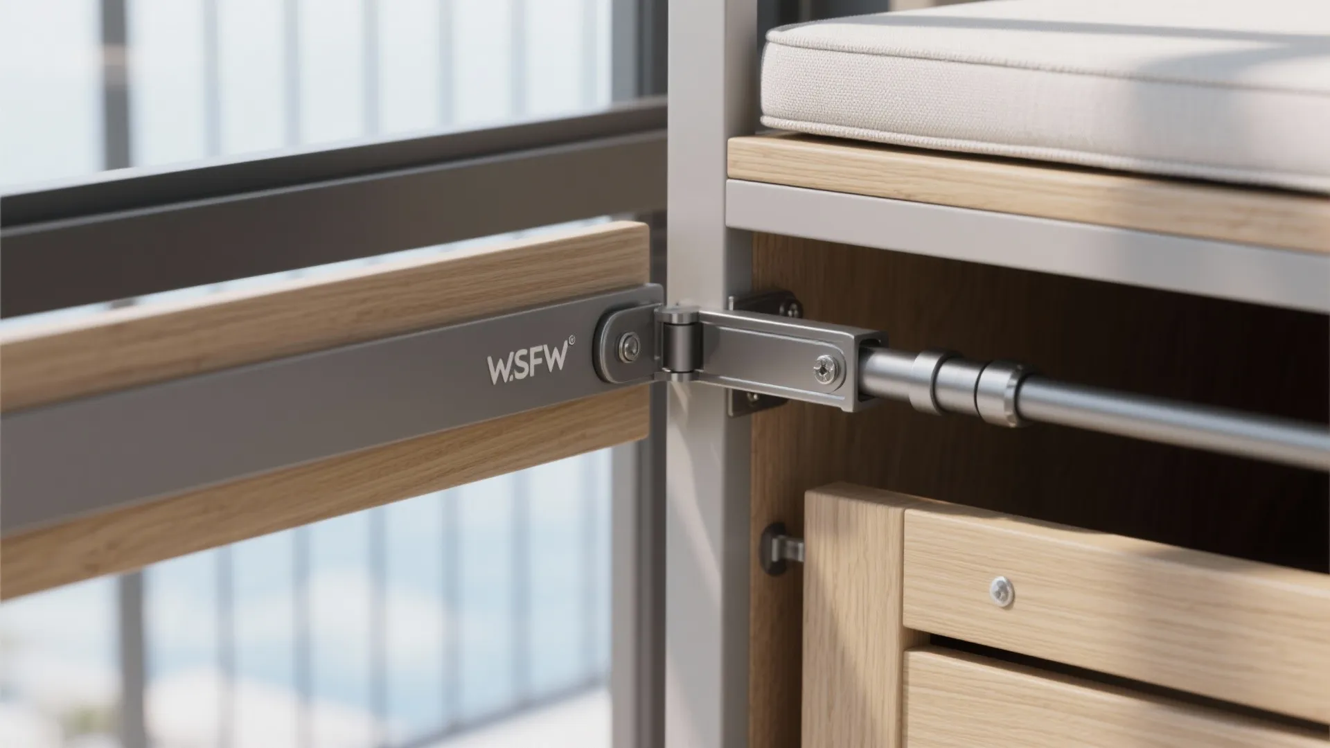 Close up of a metal hinge connecting a wooden bench door to a white storage frame