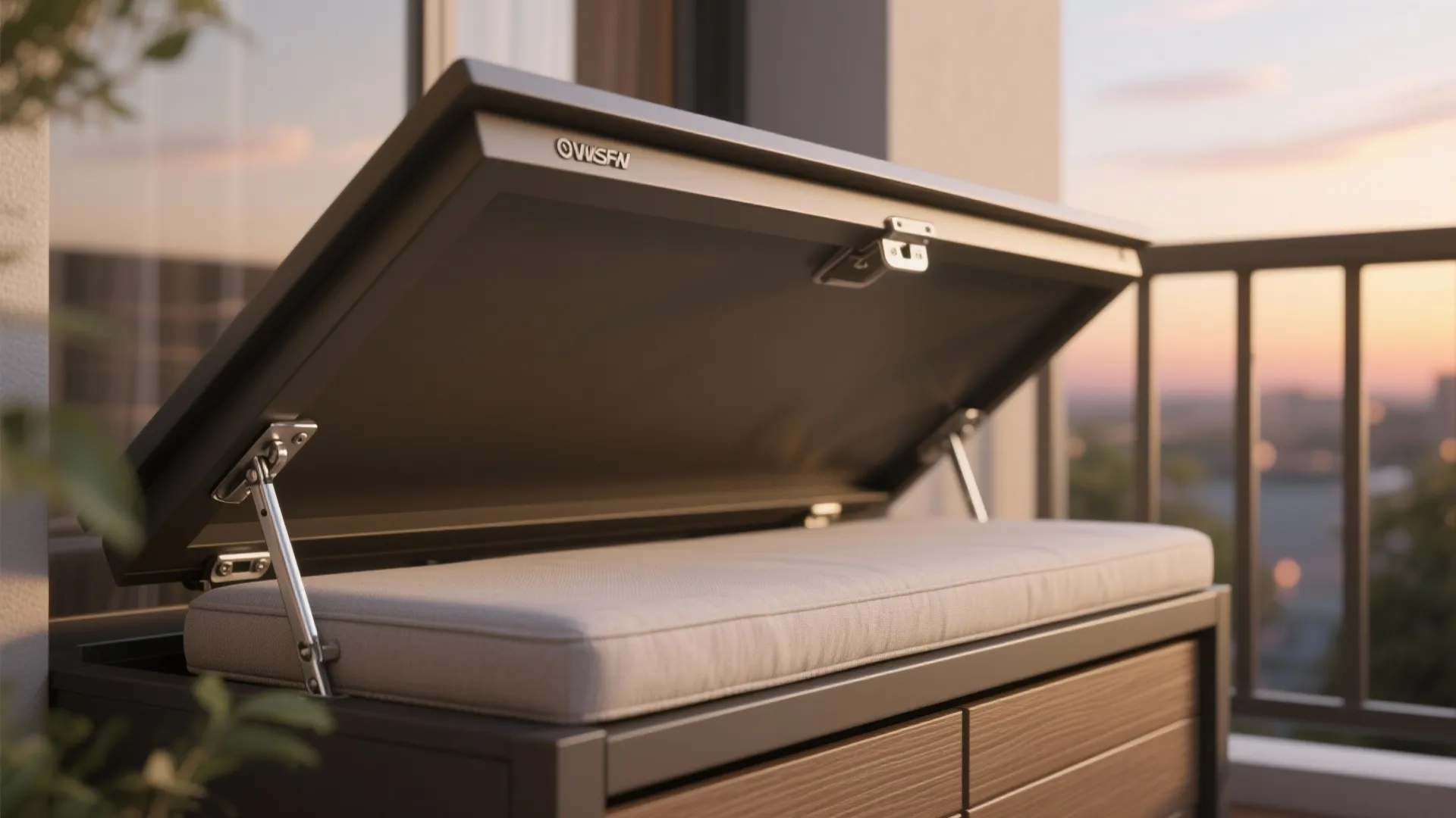 Outdoor storage bench with an open lid showing metal hinges and a soft white cushion