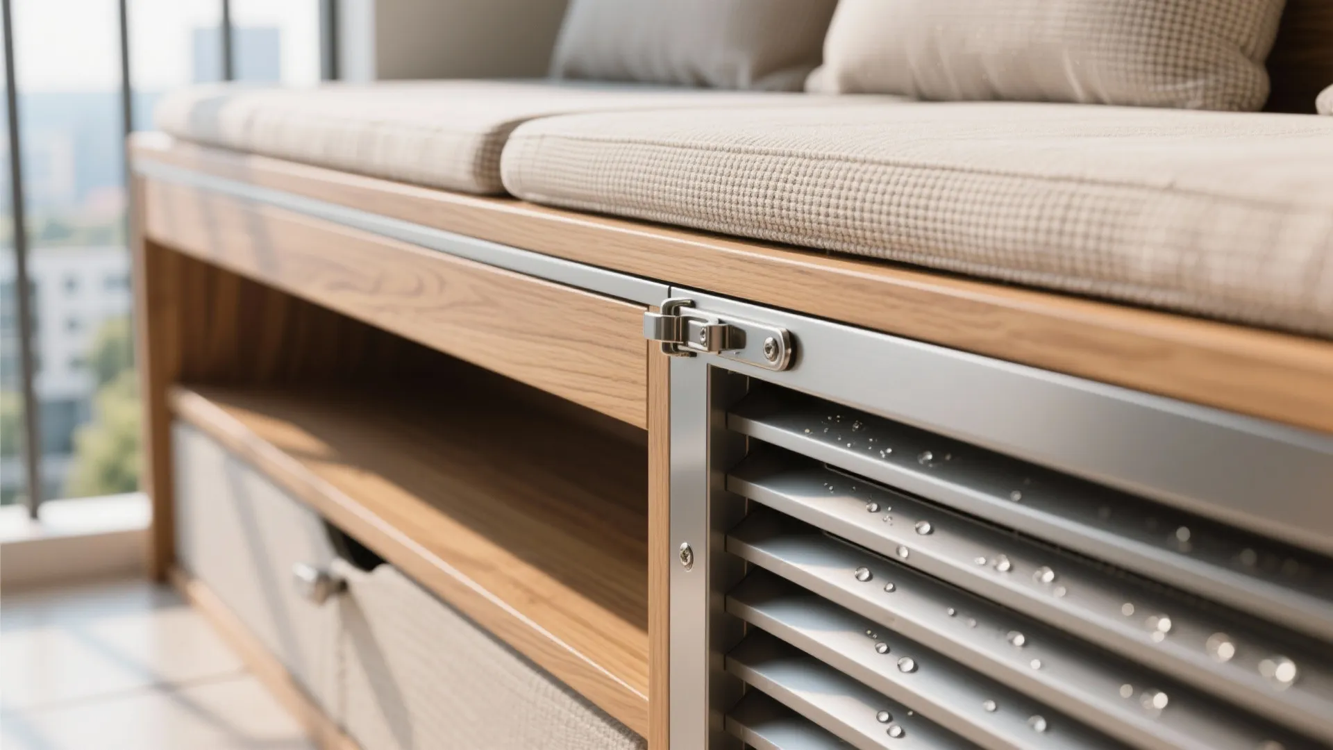 1) Minimal balcony storage that doubles as seating