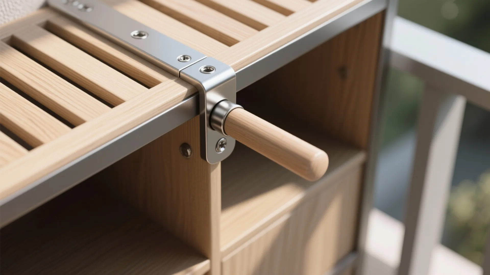 Detailed view of a metal hinge and wooden handle on a slatted outdoor furniture piece