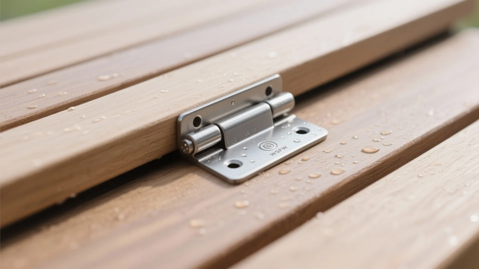 Macro of stainless hinge and cedar grain with ventilation holes on an outdoor bench lid.