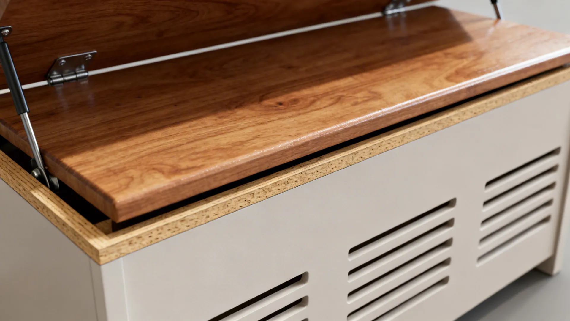 Close-up of soft-close hinge and ventilated base on a built-in storage bench.