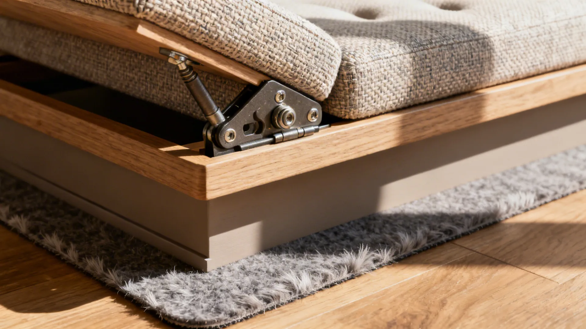Close up view of metal hinge mechanism on wooden furniture frame with grey fabric cushion top