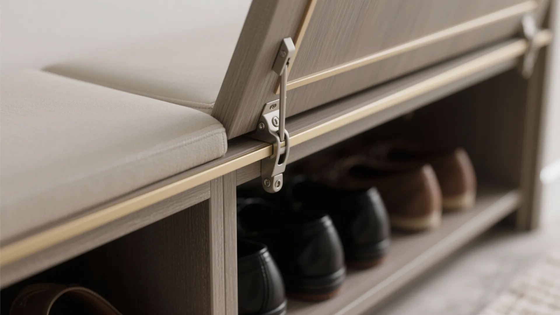 Wooden shoe bench with a padded seat and metal hinge showing storage space for many shoes
