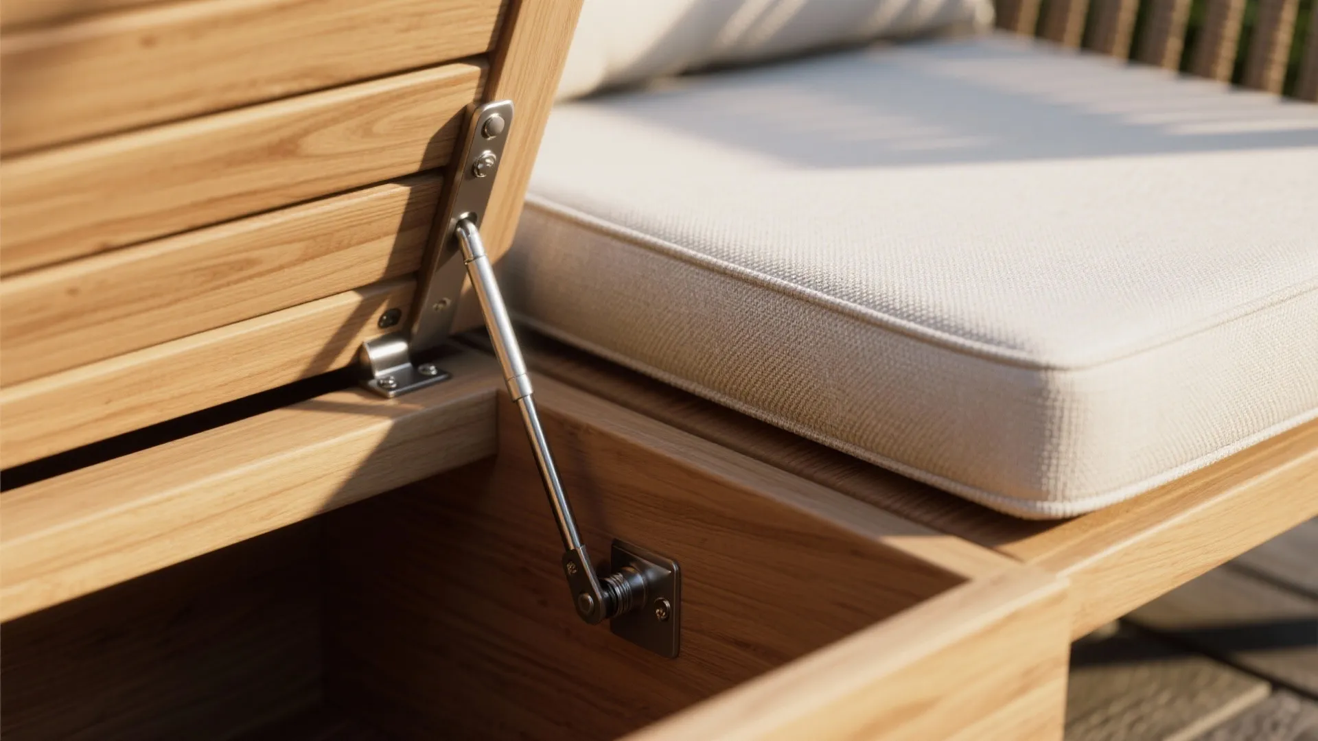 Close-up of teak storage bench hinge and breathable outdoor cushion fabric.