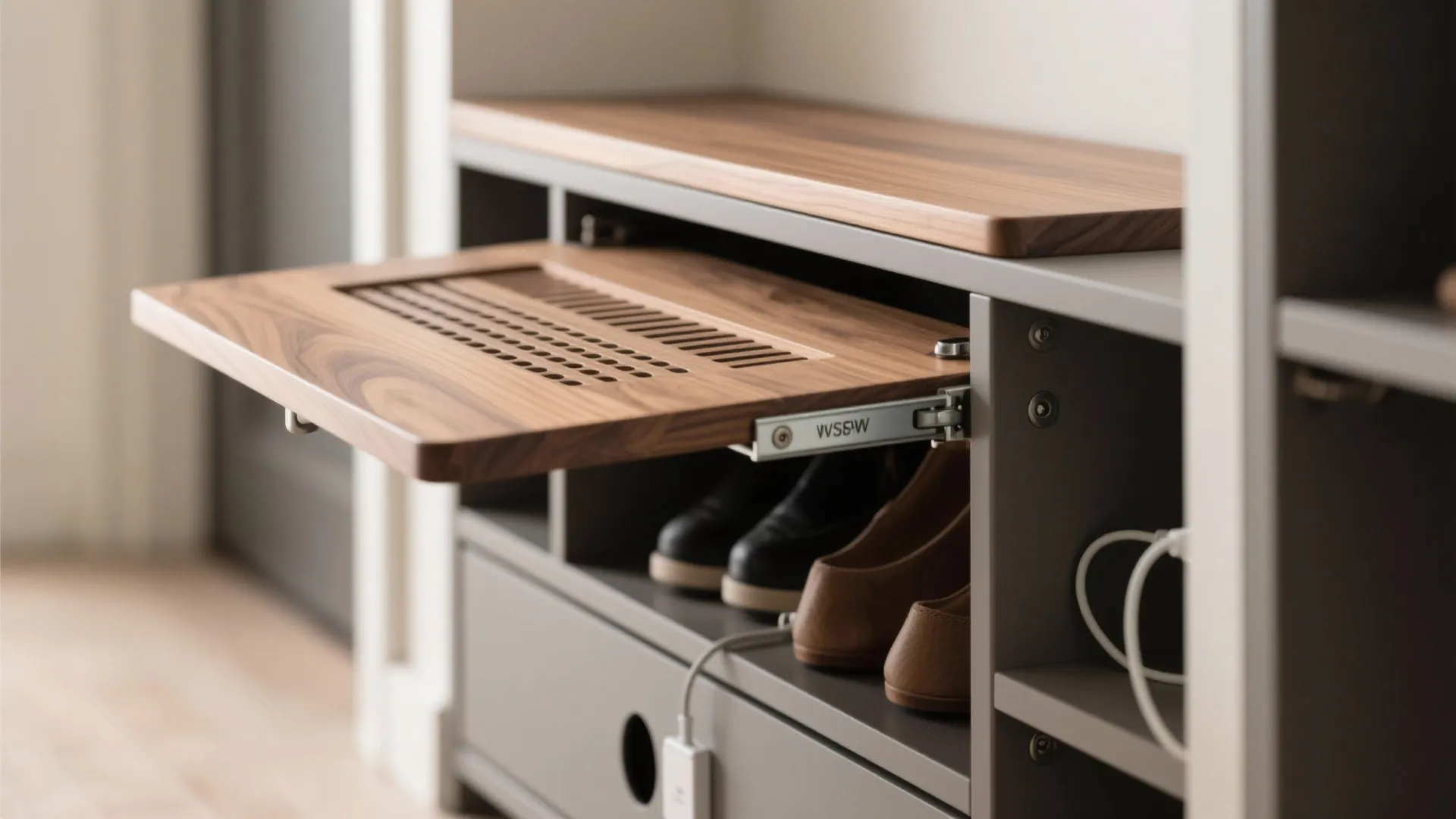Close up view of wooden cabinet drawer with metal sliding hinge holding shoes inside shelf