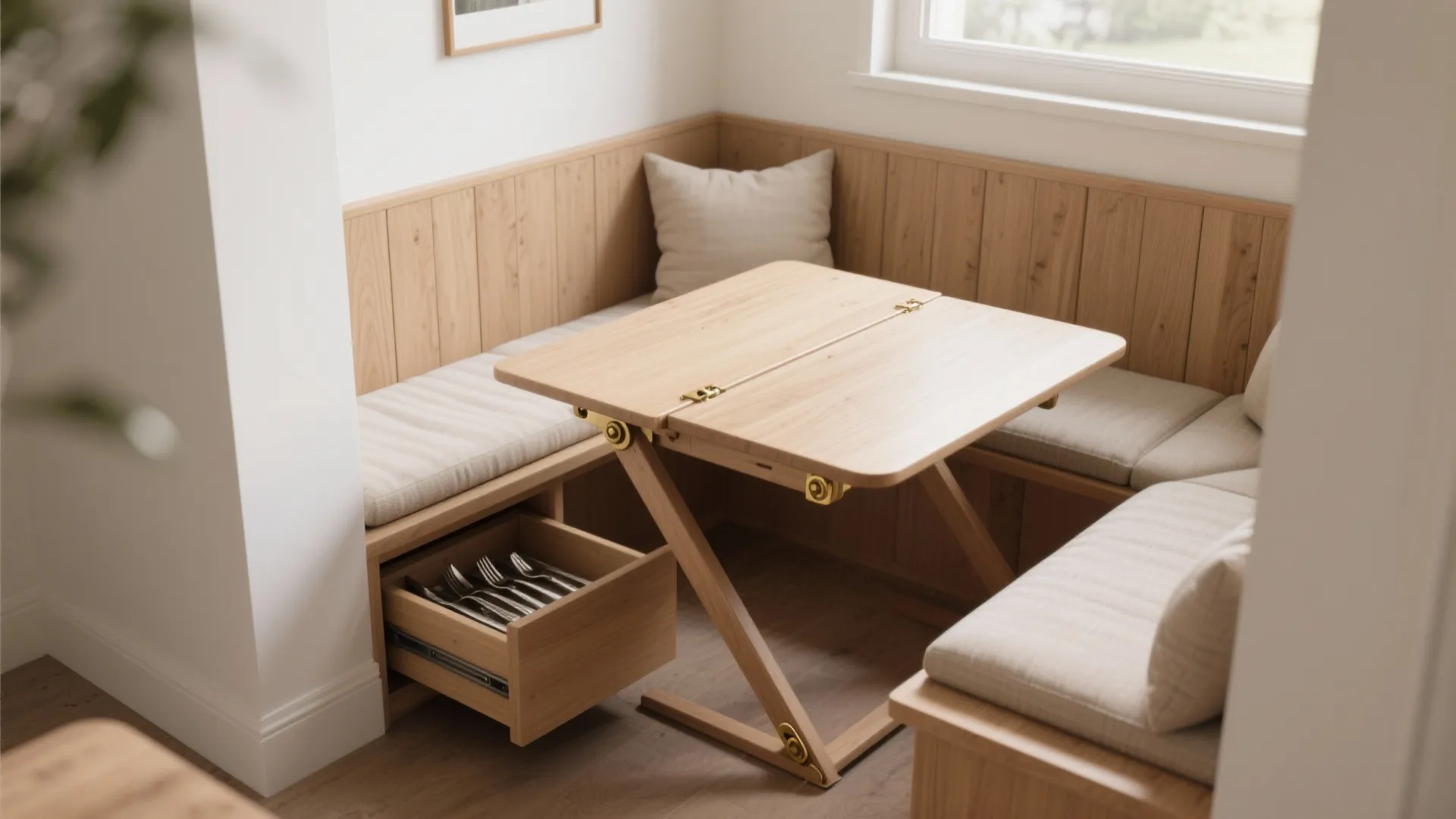 Wooden dining nook with corner seating soft cushions folding table and open storage drawer for silverware