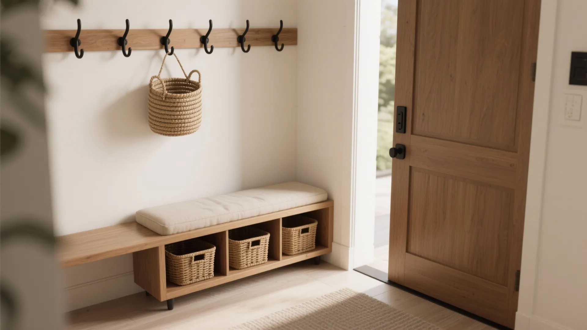 Bench-and-hook wall: a micro mudroom that behaves