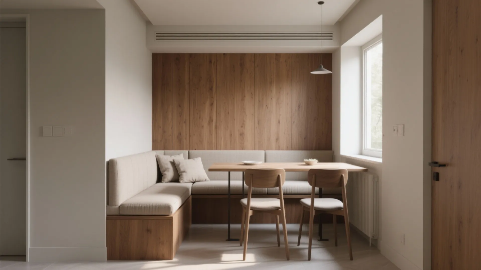 Compact dining nook with a bench on one side and armless chairs opposite, showing space-efficient layout.