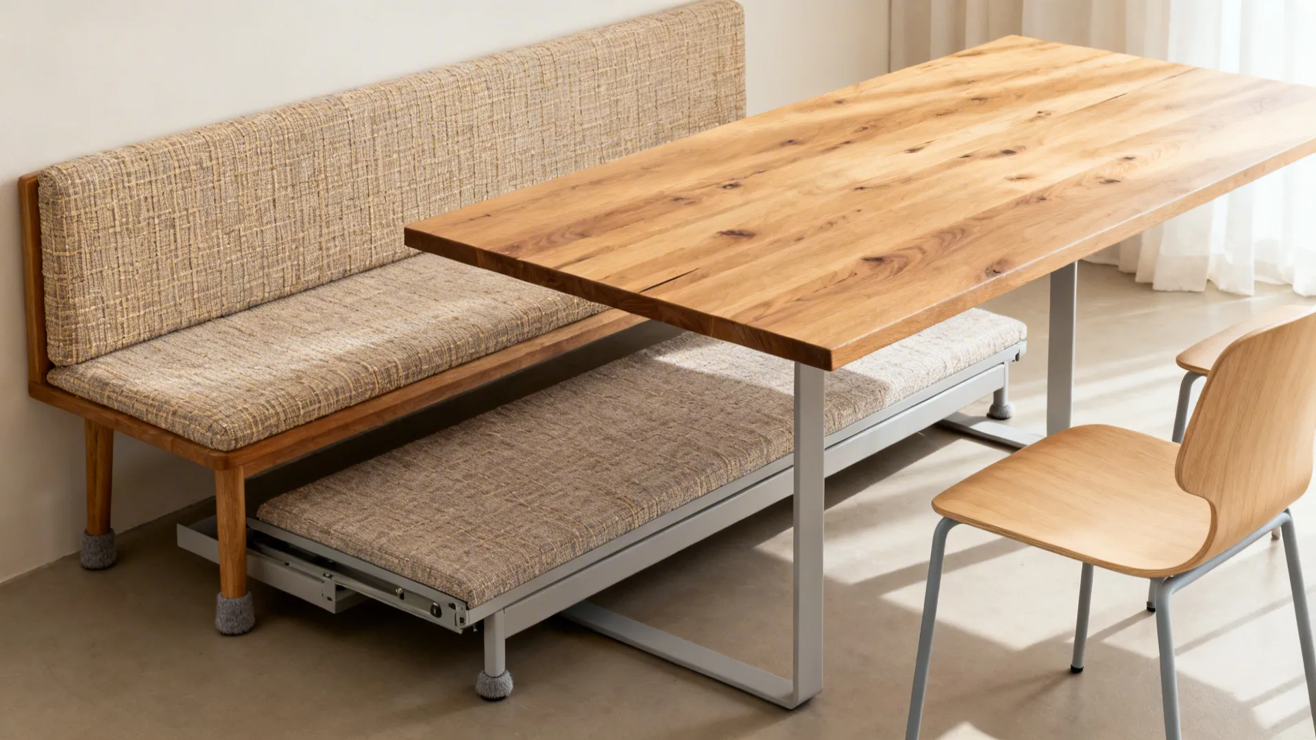 Narrow kitchen with a slim bench on one side of a compact table and two chairs opposite.