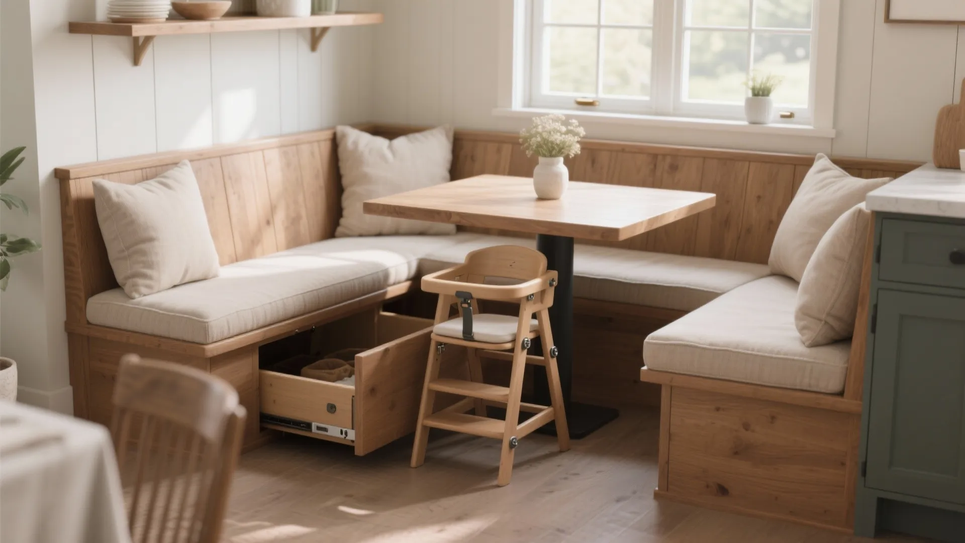 Breakfast nook with built-in bench seating and a pull-out highchair insert, showing storage and tidy design.