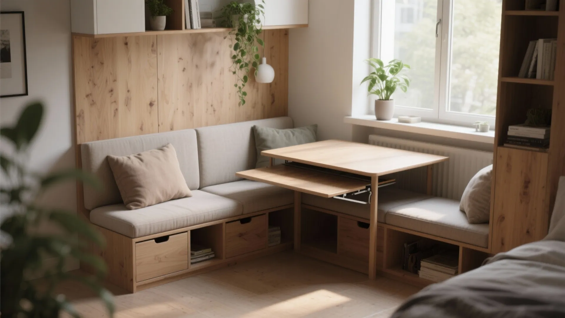 Window bench with integrated fold-out table and storage in a cozy apartment nook.