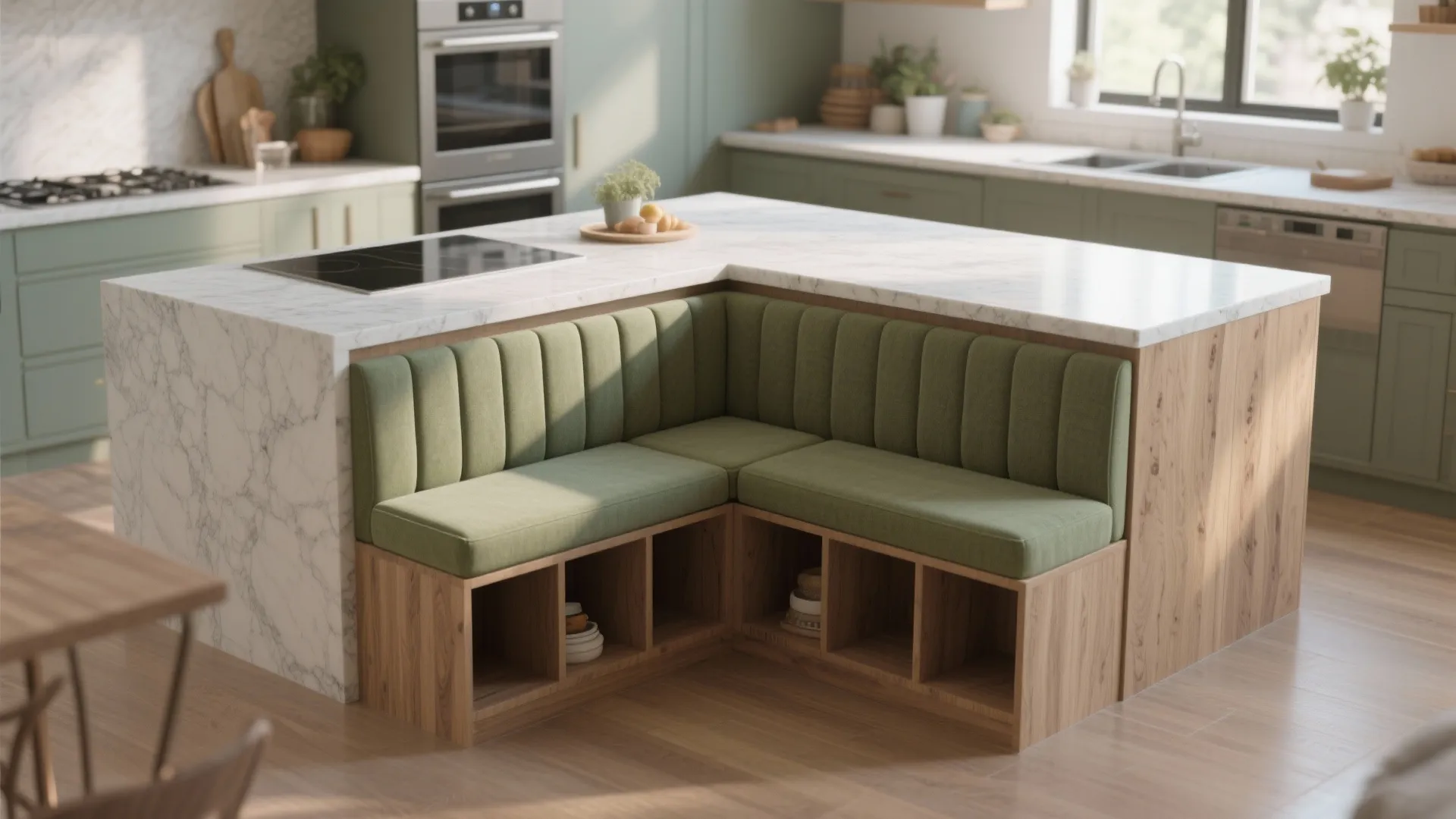 Kitchen island with integrated bench seating that conceals storage under the seat, shown in a warm neutral palette.