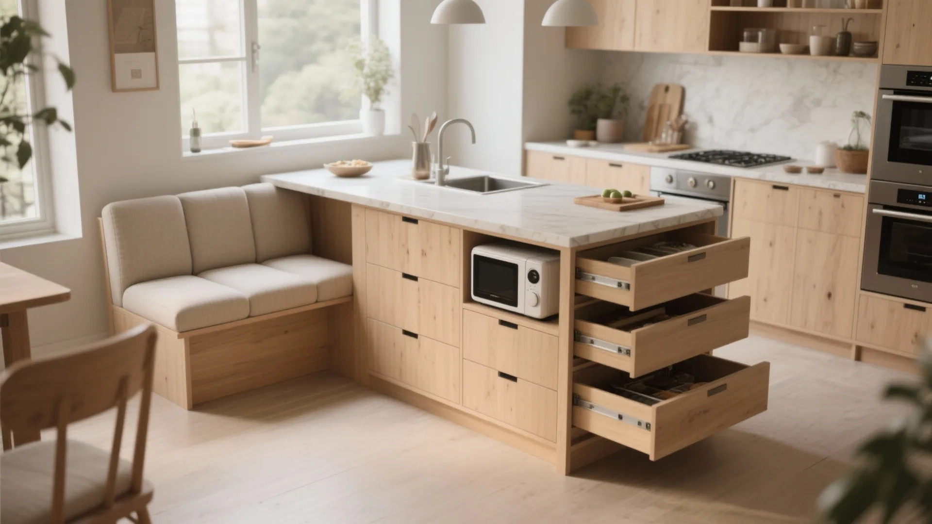 3. Combine seating with storage: benches and islands